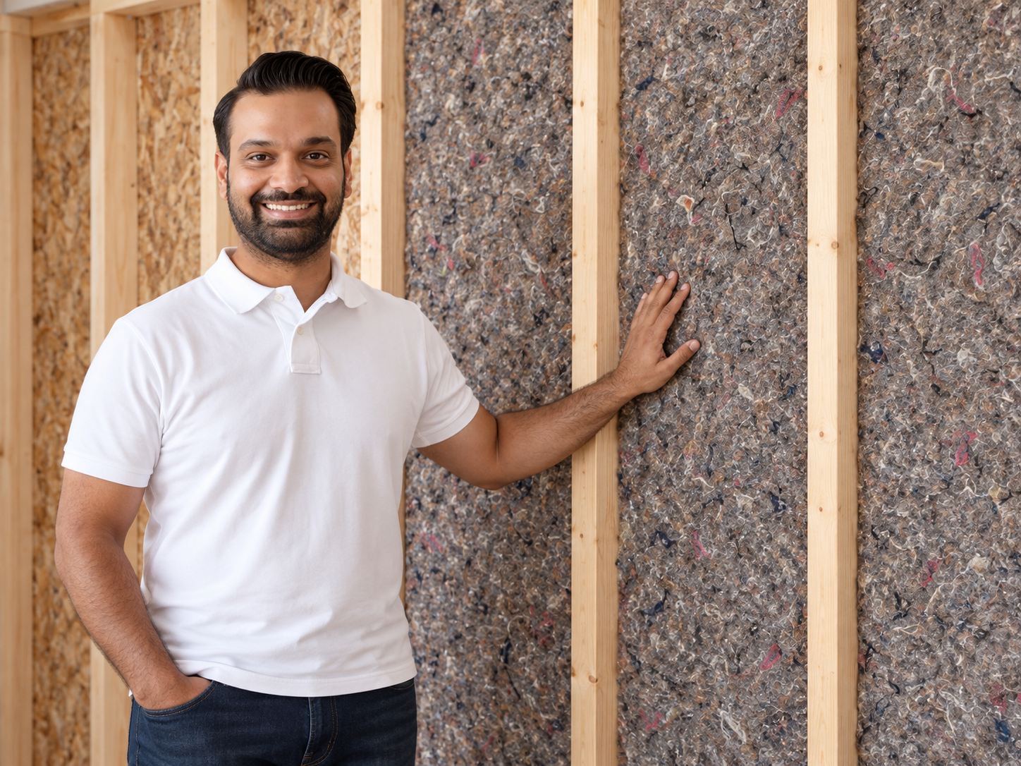 Ali, Fibrivo co-founder, beside gray-taupe textile insulation fitted between timber wall studs